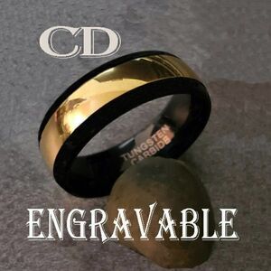 Personalized Engraved Engraved Men's 14K Gold and Black Tungsten Wedding Ring